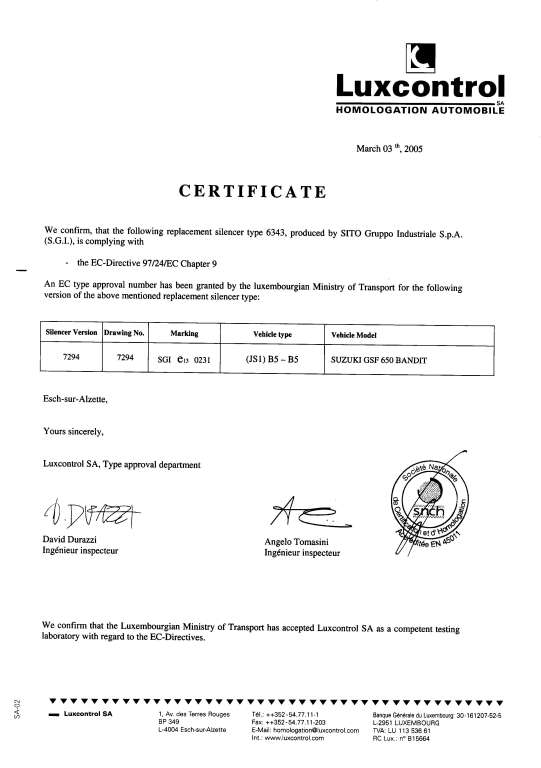 Certificado Leovince sbk bandit k5 k6